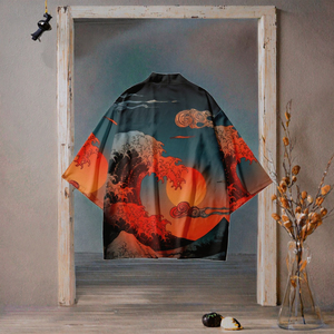 Kimono traditionnel pour hommes et femmes, <span class=keywords><strong>Yukata</strong></span>, imprimé vagues de Kanagawa et soleil rouge, cardigan japonais, cosplay, Haori, vêtements de samouraï, cape - Product Image 3