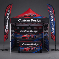 Tente de réception rectangulaire télescopique robuste avec impression personnalisée pour salons professionnels, expositions et stands commerciaux.