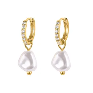 Hoop Earrings Women Wholesale Fashion Jewelry Gold Plated 925 Sterling Silver 18k Gold Plated Drop Pearl Hoop Earrings Women