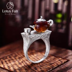 Anelli Lotus Fun in <span class=keywords><strong>Argento</strong></span> Sterling 925 con Design Vintage a Forma di Teiera e Gemma d'<span class=keywords><strong>Ambra</strong></span> per Donna, Gioielli Raffinati - Product Image 1