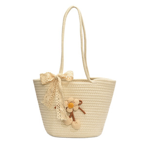 Women's Summer Bohemian Woven Bucket Tote Bag With Floral Decoration Handmade Shoulder Crossbody Bag For Everyday Use - Product Image 3