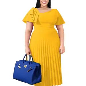 Sweet A Line Spring Yellow Factory Church Pleat Women Casual Dresses