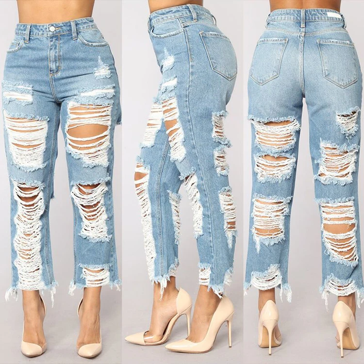 EDGE DENIM woman high waist ripped distressed destroy denim jeans soft light blue boyfriend jeans women pants