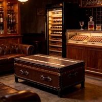 Table Basse de Rangement en Cuir Véritable Huilé Style Médiéval, Meuble Haut de Gamme pour Bar à Cigares et KTV, Aucun Assemblage Requis