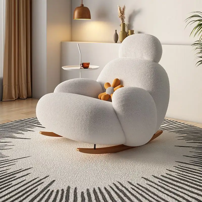 북유럽 현대 아파트 거실 화이트 패브릭 흔들 게으른 의자 봉제 덮개를 씌운 안락 의자 소파 의자
