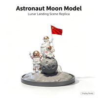 Maquette d'atterrissage lunaire d'astronaute avec combinaison spatiale blanche, casque doré, roche lunaire, drapeau rouge et base de scène