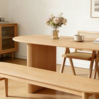 Ensemble de table à manger en bois massif, table ovale Wabi Sabi avec chaises et banc en rotin, mobilier de salle à manger minimaliste pour la maison