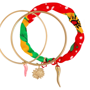 Pulseras de Moda Envolventes de Acero Inoxidable 316L con Baño de Oro PVD, Tela Sostenible Resistente con Puntos Rojos y Verdes y Diseño Chili Sun - Product Image 2