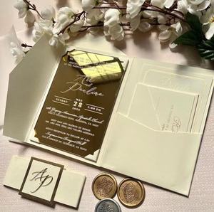 Nouvelle Arrivée : Boîte en Velours pour Faire-part de Mariage en Papier Ivoire, Design Personnalisé, Cartes de Mariage Artisanales en Acrylique Doré Effet Miroir avec Ensemble RSVP - Product Image 1