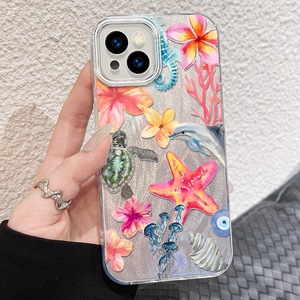 Capa de Telefone Móvel em Seda Prateada com Estampa de Flor, Golfinho e Estrela do Mar para iPhone 8 X Xr Xs Max 11 12 13 14 15 16 17 Air - Product Image 4