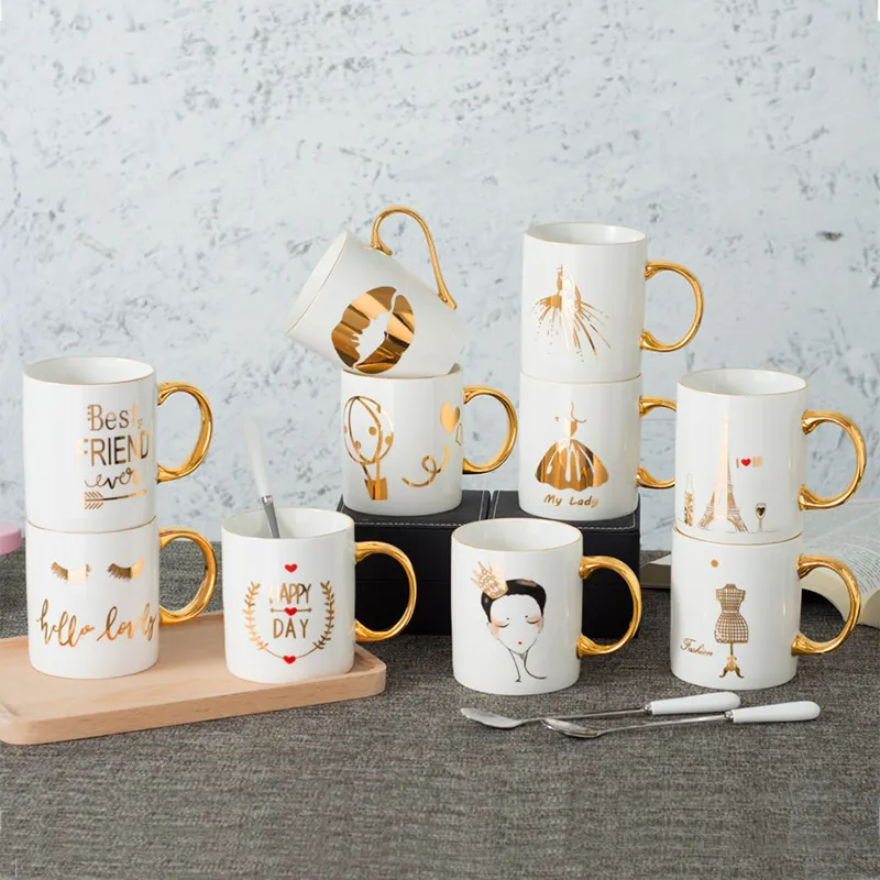 China Lieferant Hochwertige Custom Gold Logo Galvani sierte Keramik Kaffeetassen mit Griff