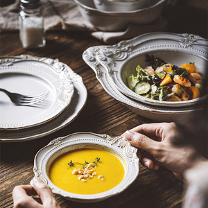 Vintage Baroque Embossed Stoneware <b>Dinnerware</b> <b>Sets</b> Relief Ceramic Plates and Bowls <b>Set</b> - Product Image 5