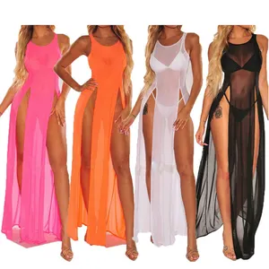 SacKnove W431 Wholesale Beauty Night Clubs Transparent Sexy Hot Fashion Show Mesh High Slit Sexy Lingerie Dress