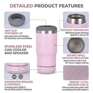 Refroidisseur <span class=keywords><strong>de</strong></span> bouteilles et canettes 2-en-1 en acier inoxydable 304 <span class=keywords><strong>de</strong></span> 14 oz avec isolation sous vide, haut-parleur Bluetooth intelligent pour boissons chaudes et froides, avec couvercle, idéal pour les fêtes - Product Image 4