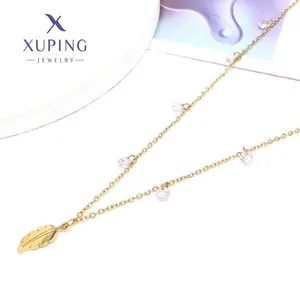 N6175 Xuping perhiasan Guban rantai bulat hitam manik hati daun mutiara 14K berlapis emas platinum berlapis baja tahan karat kalung