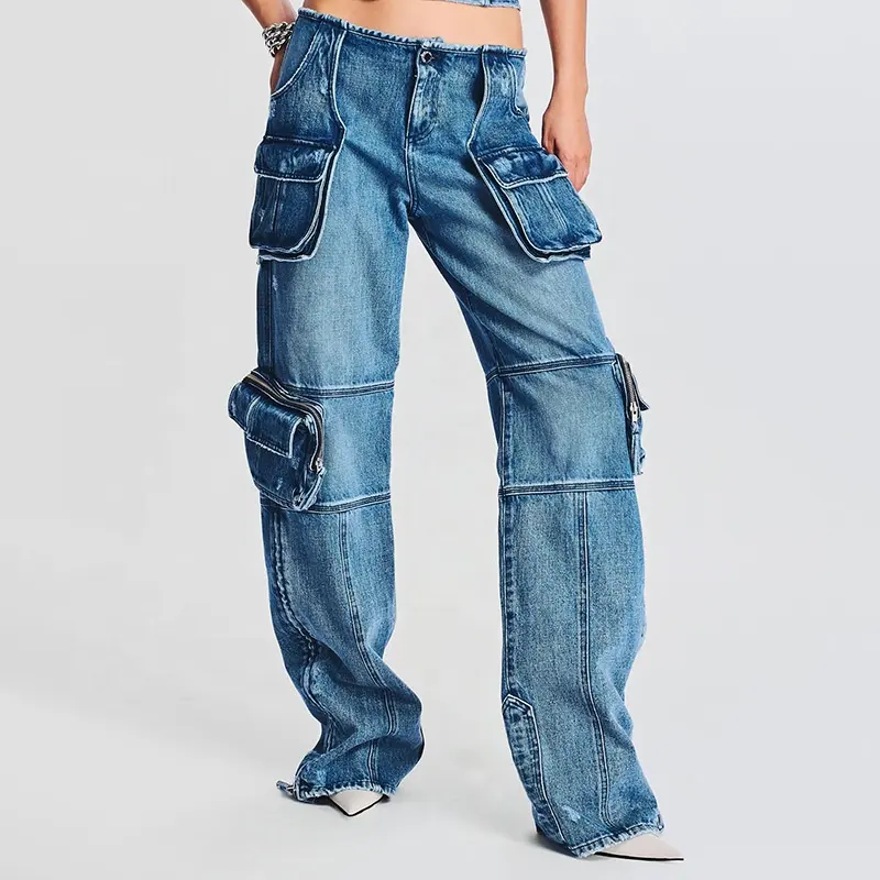OUDINA Fashion Loose Pocket High Waist Straight Denim Trousers Baggy Jeans Cargo Pants For Women