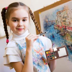 Mini ensemble de voyage <span class=keywords><strong>aquarelle</strong></span> avec <span class=keywords><strong>palette</strong></span> de pinceaux de boîte de peinture en bois Kit non toxique de 15 couleurs pour les artistes débutants - Product Image 6