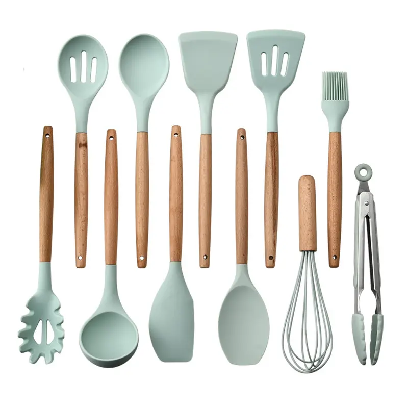 Top Seller Accessories Cooking Tools Kitchenware 12 Pieces In 1 Set Silicone Kitchen Kitchen Utensils With Wooden Handles