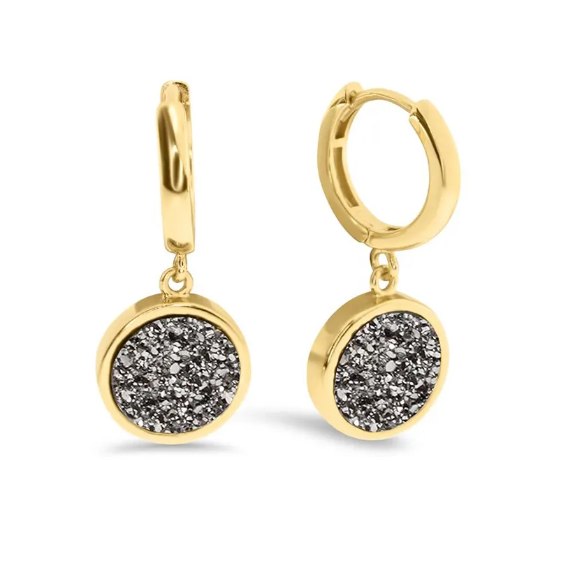 Gemnel fashion women jewellery black drusy agate drop hoops 925 silver 18k gold huggie earrings