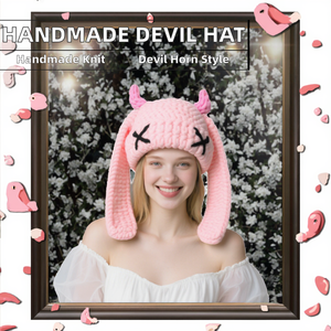 Bonnet tricoté 100 % acrylique unisexe, fait main, avec grandes oreilles de lapin et cornes de diable mignonnes, style personnage, chaud, idéal pour les voyages et la plage - Product Image 2