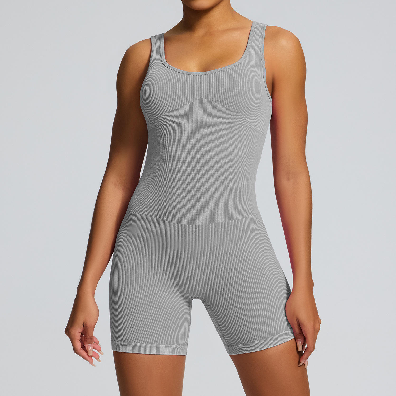 กางเกงขาสั้นจั๊มสูทสีเทาเกรดพรีเมียมผ่านกระบวนการซักทราย