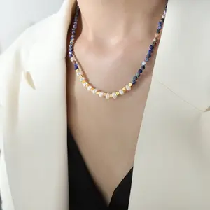 18k Gold Plated Stainless Steel Handmade Natural Stone Freshwater Pearl Turquoise Round Beads Necklace Fashion Jewelry For Women