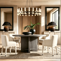 Table à manger ronde extensible en chêne, design moderne et épuré, avec ensemble de chaises de salle à manger en tissu pour hôtel et manoir