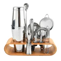 Perlengkapan Barware Baja Tahan Karat Pabrik, Set Peralatan Bartender, Shaker Koktail Boston, Hadiah Perjalanan, Dudukan Bambu - Logam Premium