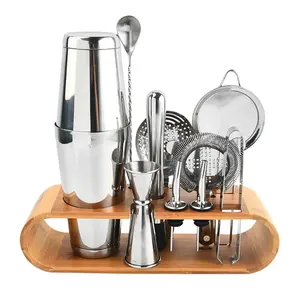 Fábrica de acero inoxidable Barware Kit Bartender Tools Set Boston Cocktail Shaker Travel Gift Bamboo Stand-Premium Metal - Product Image 3