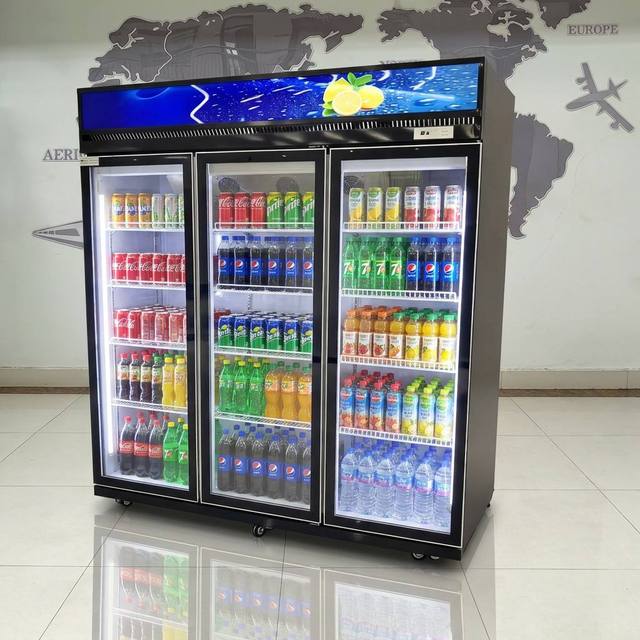Commercial 3 Glass Door Upright Beverage Refrigerator Black Fan Cooling Drink Display Fridge Supermarket and Convenience Store