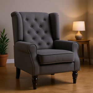 Poltrona Imbottita Grigio Scuro con Braccioli Rotondi e Gambe in Legno, Arredamento per Soggiorno - Product Image 2