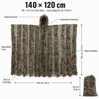Poncho en polyester à capuche avec camouflage 3D en feuilles pour la chasse, la photographie de la faune, l'observation des oiseaux, le camping, la randonnée 140 x 120 cm