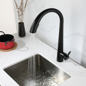 Robinet de cuisine Swan Pull en acier inoxydable 304, finition noir mat brossé, eau chaude et froide, universel, rotatif - Product Image 4