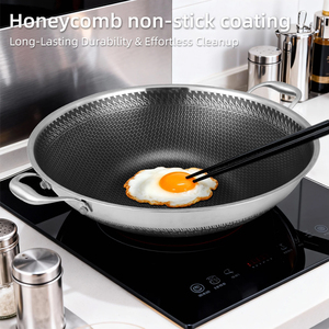 <span class=keywords><strong>Wok</strong></span> Grande Antiadherente de Acero Inoxidable 316 de Triple Capa, Fondo Plano, Doble Cara con Diseño de Panal de Abeja, para Cocina de Gas e Inducción - Product Image 3