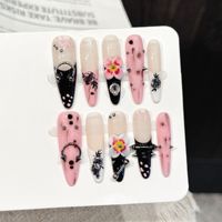 Ongles en acrylique longs, forme stiletto amande, à presser, avec rivets et pointes métalliques, motif floral 3D, personnalisables pour salons de manucure/SPA