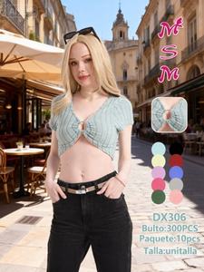 เสื้อครอปถักสำหรับผู้หญิง DX306 คอวี แขนสั้น พิมพ์ลายตัวอักษร สวมใส่สบาย 100% โพลีเอสเตอร์ สำหรับทุกฤดูกาล - Product Image 3