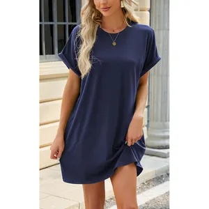 Custom Design Ladies Blank T Shirt Dress Pockets Loose Plain tshirt Dresses for Women