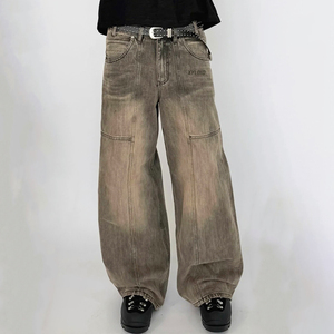 Jean en denim vintage épais personnalisé OEM, style streetwear tendance, coupe délavée, pantalon ample à jambe large effet délavé soleil pour homme - Product Image 1