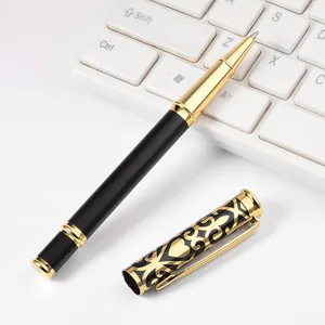 Classical Gold Pattern Metal Roller Pen Test Good Matte Black Gel Pen Custom Advertising Business Hotel Gift Pen
