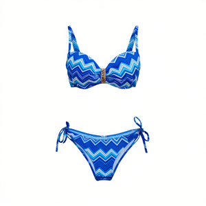 HDJ <b>Bikini</b> <b>Set</b> <b>Blue</b> Geometric Pattern Push Up Bra Tie Side Bottom Plus Size Women Swimwear SQ67569 - Product Image 2