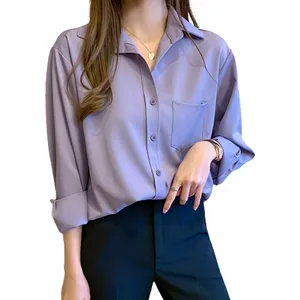 Thiết Kế 2023 Cảm Giác Nhỏ Voan Trơn Đầy Đủ Sleeveswomen Boutique Ăn Mặc Áo Sơ Mi Trắng Áo Sơ Mi Cho Phụ Nữ