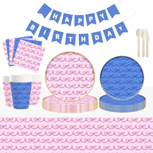DAMAI Fournitures pour fête prénatale et anniversaire d'enfants, bleu rose, nœud papillon, vaisselle jetable de forme ronde, serviettes en papier, gobelets, assiettes - Product Image 3