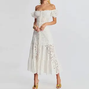 2023 vestidos custom designer fashion boutique summer lady elegant modest cotton white floral embroider maxi dress women