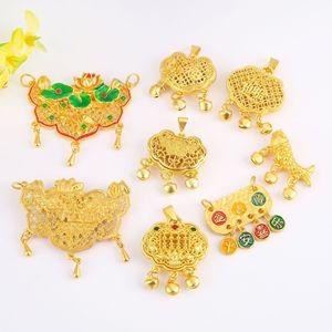 Pendentif de style chinois en forme de cadenas creux, breloque émaillée dorée pour collier DIY, accessoire de bijouterie unisexe - Product Image 1