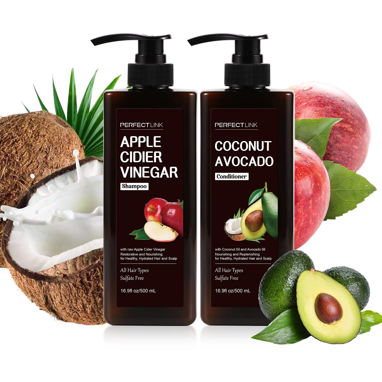 Conjunto de cuidado del cabello nutritivo natural orgánico, champú anticaída, vinagre de sidra de manzana, acondicionador de coco y aguacate
