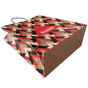 Sacola de papel para compras com logotipo personalizado completo por atacado com alça, sacola de papel Kraft marrom e branca com seu próprio logotipo