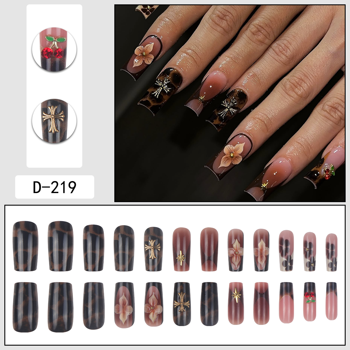 24PCs ABS Material Retro Brown Flower Cherry Rhinestone Pattern Full Cover Fake Nails for Finger Application