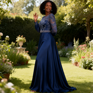 Elegante Abito Lungo in Raso Elasticizzato a Maniche Lunghe per Madre <span class=keywords><strong>della</strong></span> <span class=keywords><strong>Sposa</strong></span> con Pizzo Ricamato e Vita Decorata con Perline - Product Image 4
