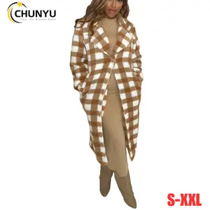 Women Plaid Printing Fuzzy Jacket Light Brown Button Down Lapel Medium And Long Style Flannel Peacoat Outwear