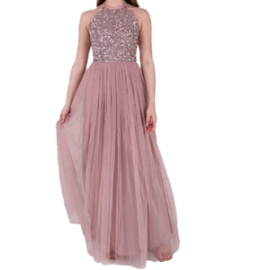 Vestidos de Dama de Honor Modernos y Elegantes con Cuello Halter, Adornados con Lentejuelas, Plisados, Línea de Cintura Imperio, Talla Grande, Falda de Tul, Corte en A - Product Image 1